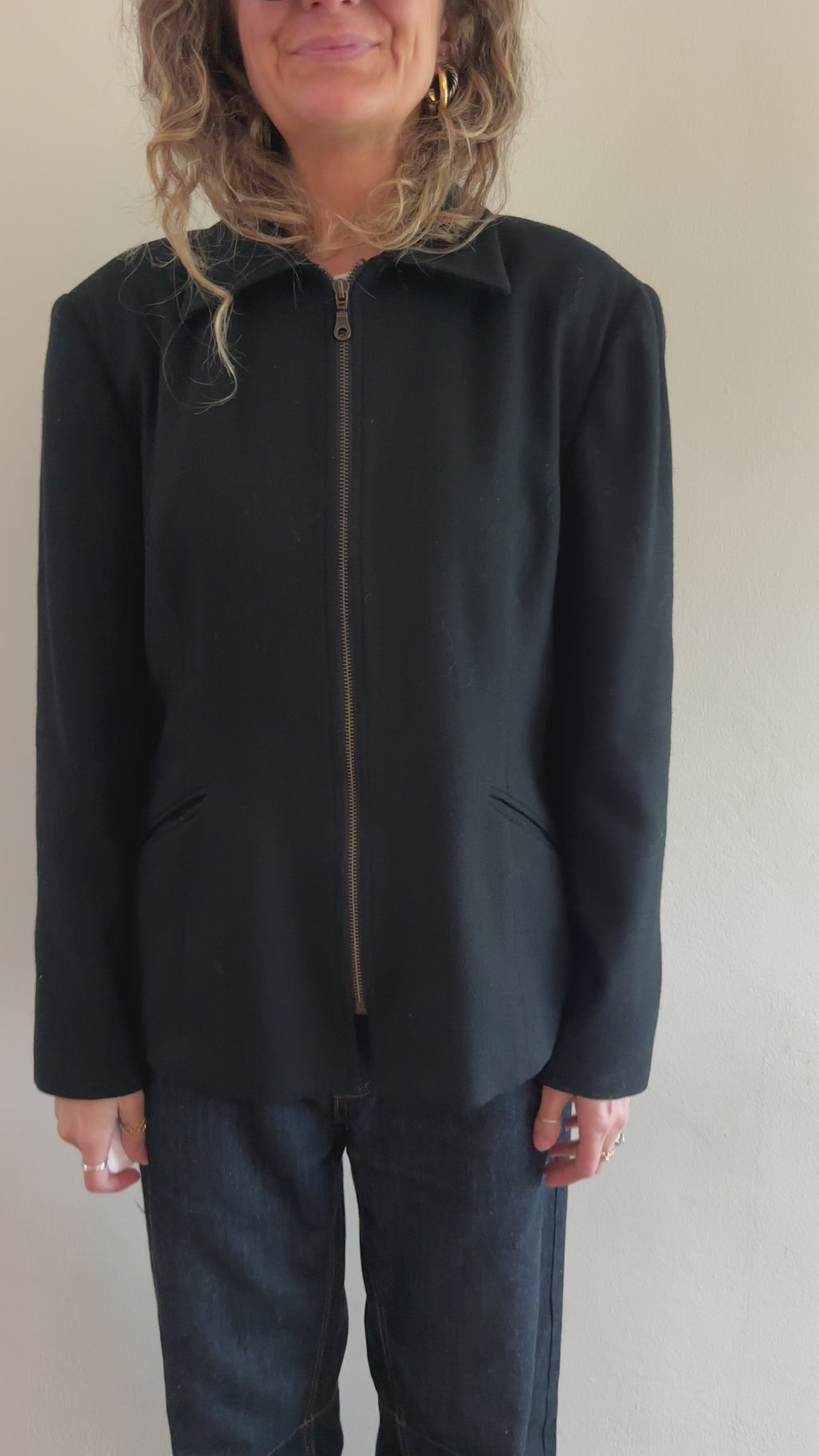 Hillard & Hanson Black Wool Boxy Zip Jacket