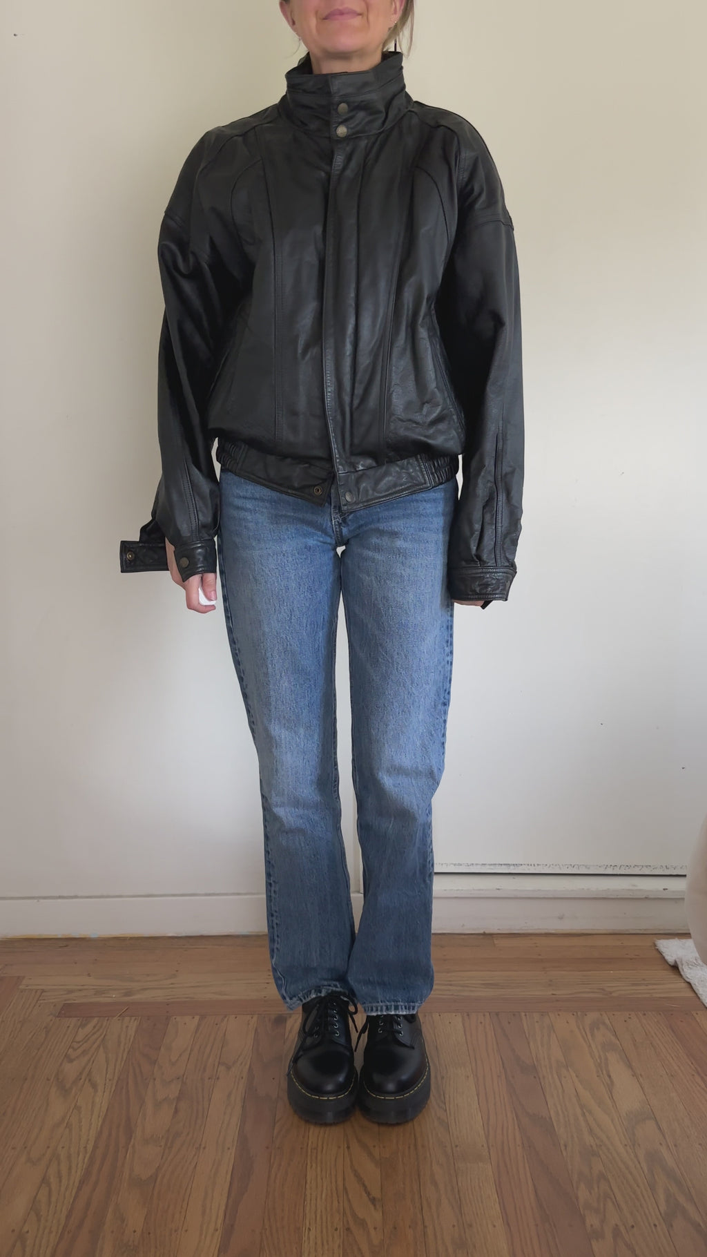 Funnel-Neck Leather Bomber Jacket