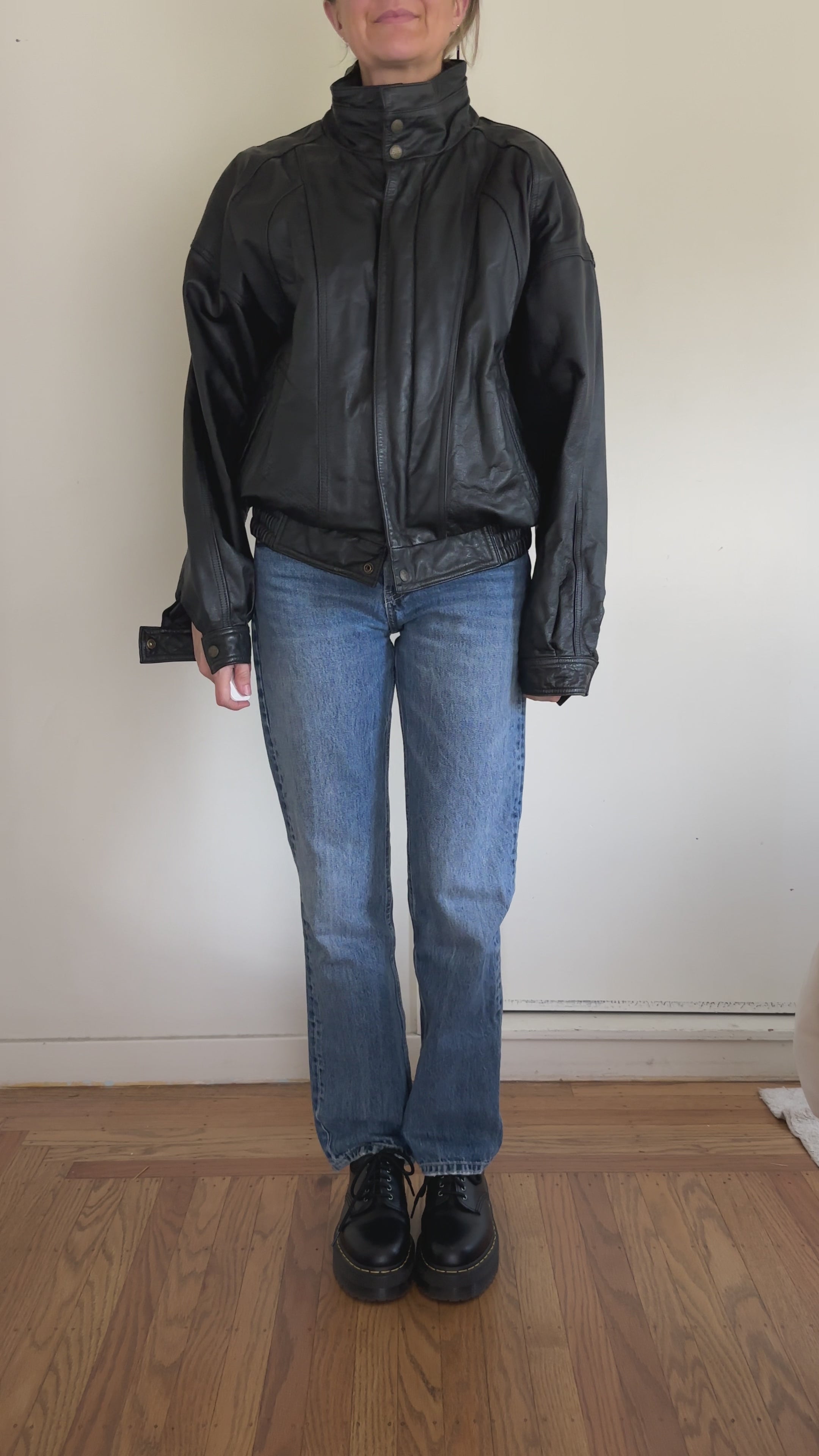 Funnel-Neck Leather Bomber Jacket